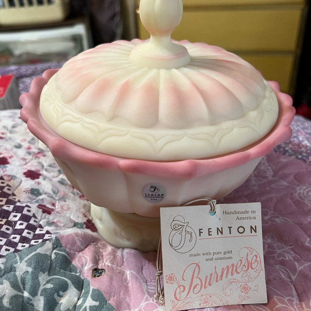 Fenton Burmese Lidded Dish in Pink and Cream